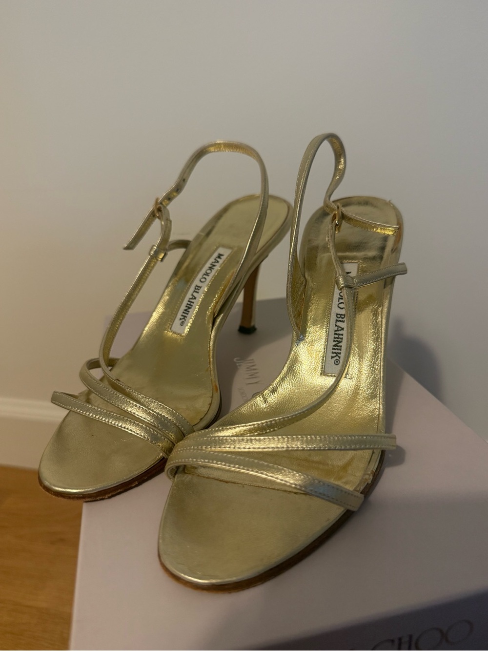 Manolo Blahnik Vintage Gold Metallic Strappy Slingback Heels Y2K | Size 36 - Picture 2 of 5